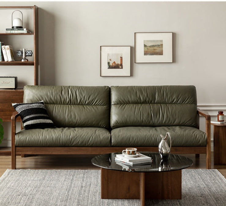 Black Walnut Solid Wood Light Luxury Leather Sofa.