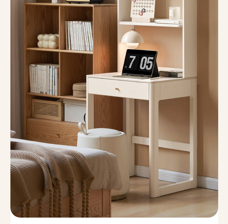 Poplar Solid Wood Rock Board Desk Bookshelf Integrated White Cream