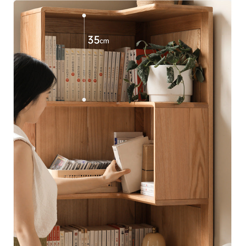 Oak Solid Wood Corner Bookshelf with Floor-Standing Storage Cabinet
