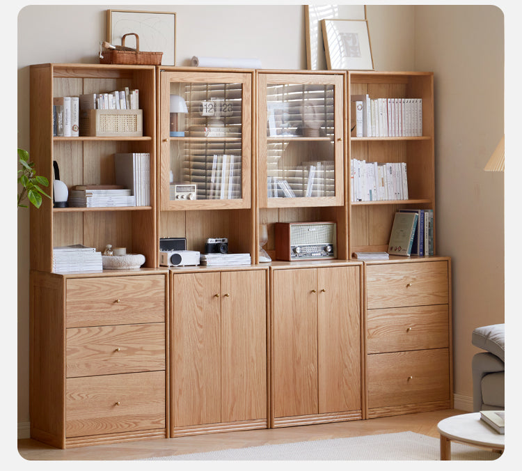 Oak Solid Wood Floor-To-Ceiling Combination Bookshelf, Glass Bookcase