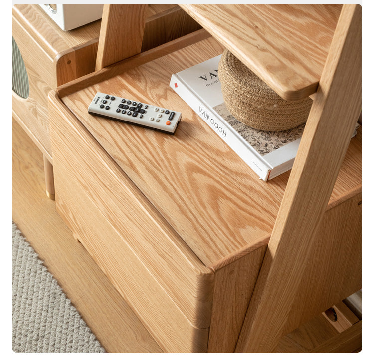 Oak Solid Wood Side Cabinet, Trapezoidal Storage Rack