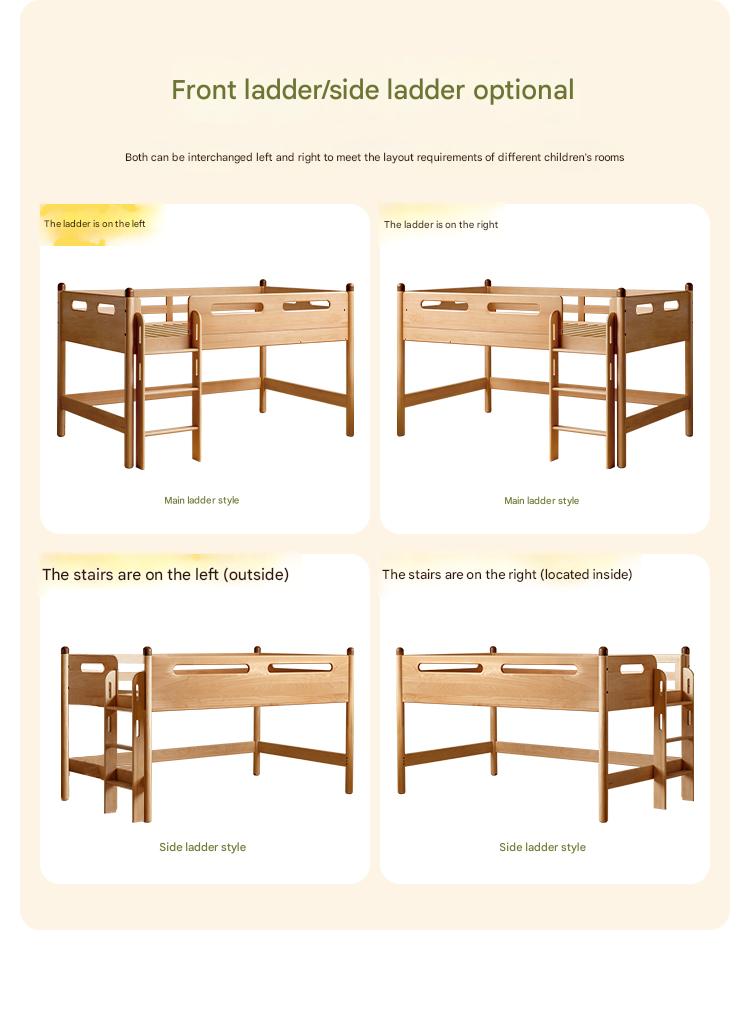 Beech Nordic Children's Solid Wood Loft Bed, Modern Minimalist Multifunctional Combination Bed with Table