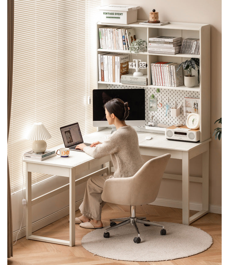 Oak Solid Wood Modern Cream Style Desk and Bookshelf Integrated