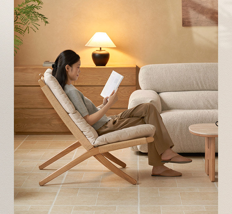 Oak Solid Wood Rope Weave Lounge Chair, Danish Mid Century Scandinavian Accent Chair