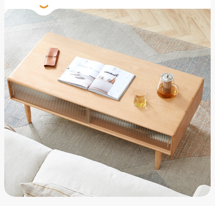 Beech Solid Wood Glass Sliding Door Coffee Table