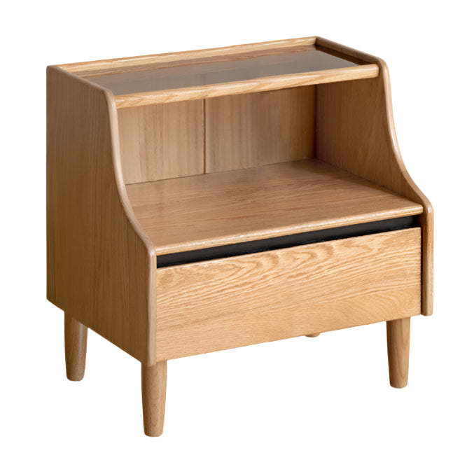 Solid RubberWood, Oak Solid Wood Nightstand with Glass Door with Storage