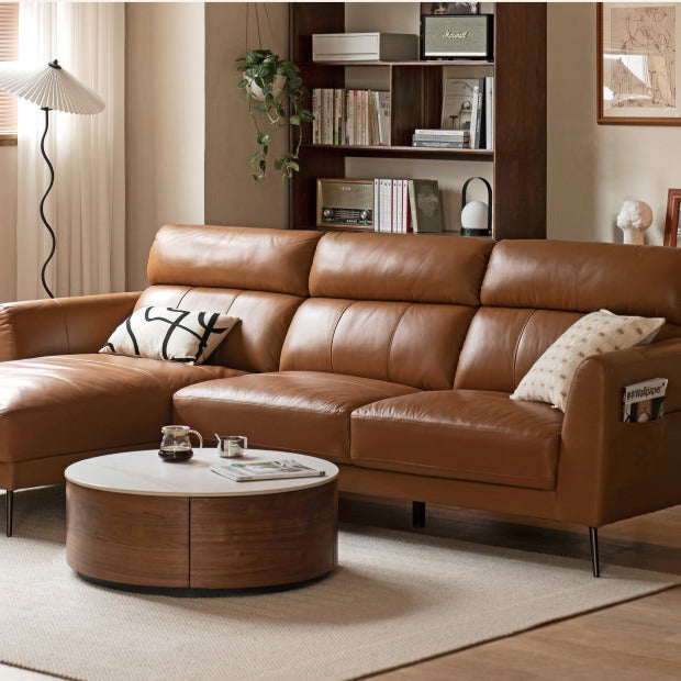 First-layer Yellow Cowhide Leather Sofa Light Luxury Italian Style.