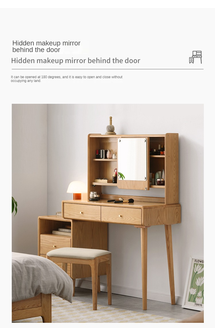 Ash Solid Wood Vanity Table with Mirror Shelf & Flip Cover.