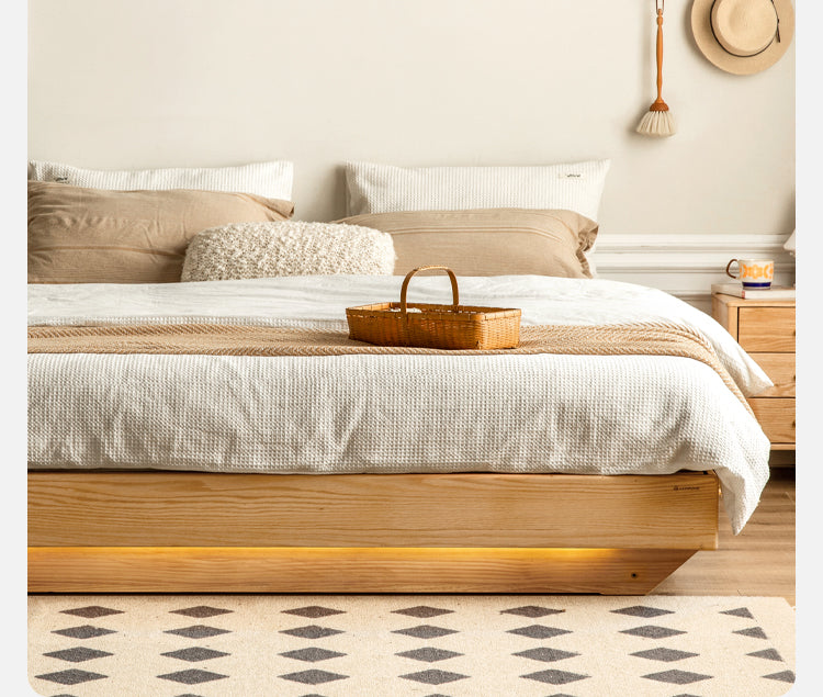 Oak solid wood platform bed, headboard-free bed suspension bed.
