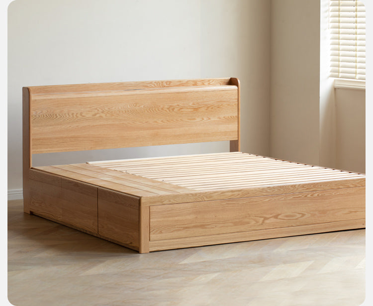 Oak Solid Wood Drawer Storage Bed with Sockets Box Bed