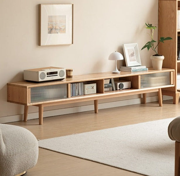 Oak, Rubber Solid wood TV Stand Glass Sliding Door