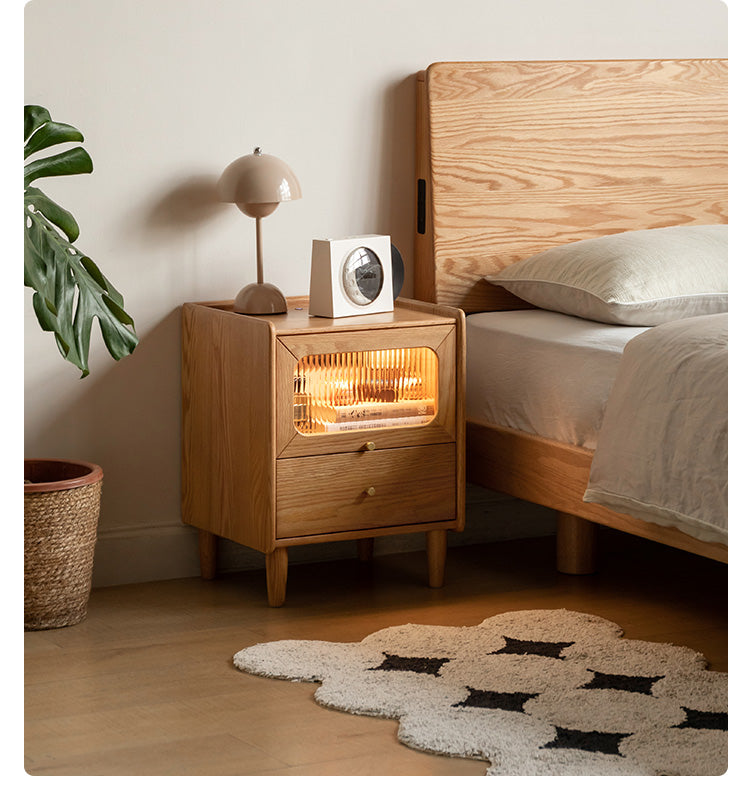 Oak, Beech Solid Wood Nightstand With Light