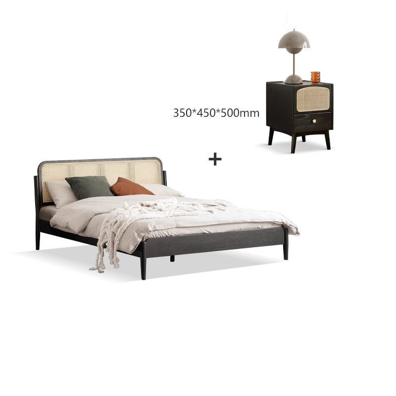 Oak Solid Wood Black Rattan bed