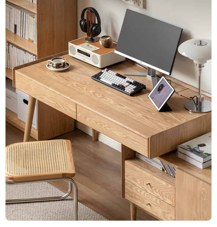 Ash Solid Wood Retractable Desk with Cabinet, Home Office