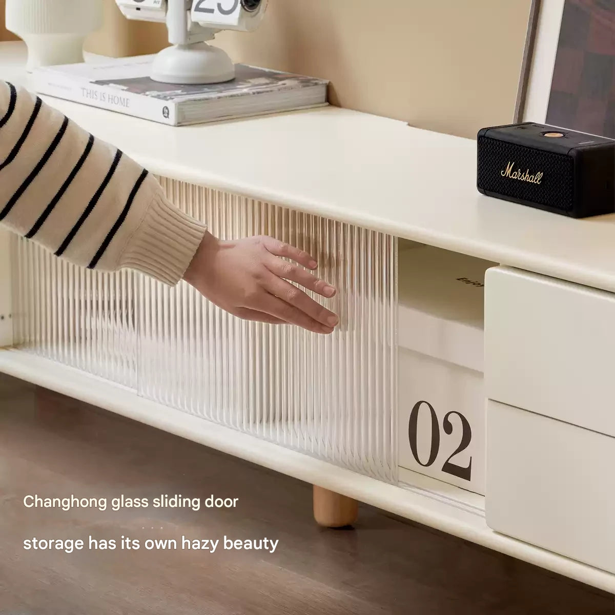 Solid Rubberwood White Floor TV Cabinet.