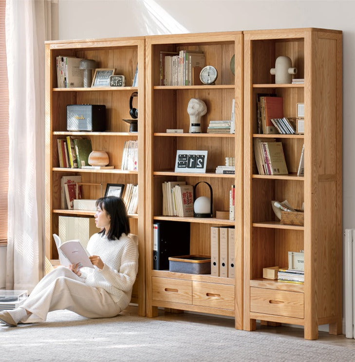 Oak, Rubberwood Solid Wood Drawer Bookcase