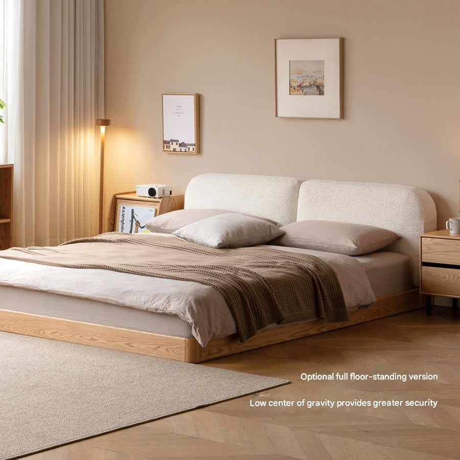 Oak Solid Wood Low-Profile Bed with Dual-Panel Faux Sherpa Headboard