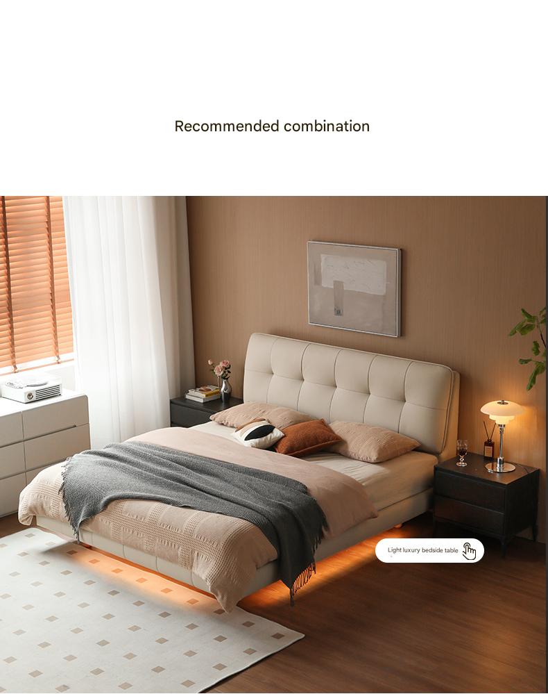 Fabric genuine leather soft bed puff cream style with light bed