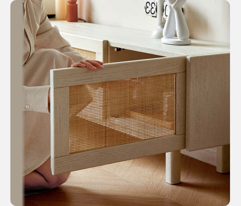 Oak Solid Wood Rattan Suspended TV Cabinet.