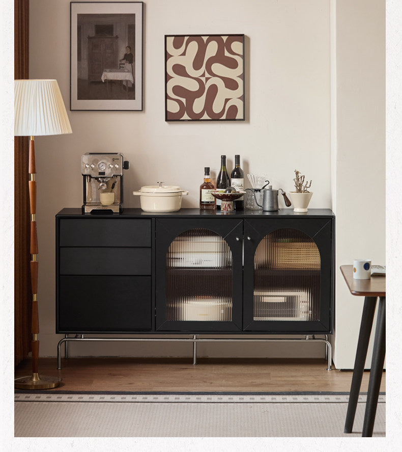 Solid Rubberwood French Retro Sideboard Black Glass