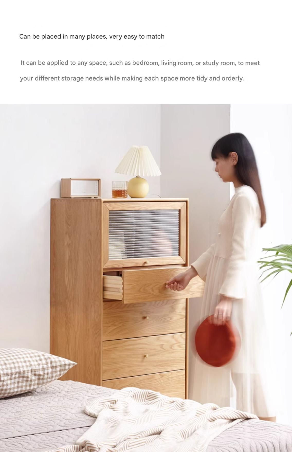 Oak Solid Wood Chest of Drawers Flip Glass Door