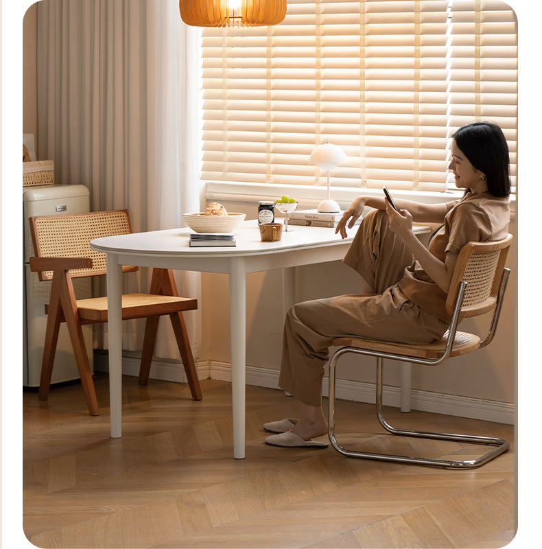Birch Solid Wood White Cream Style Semi-Circular Rock Plate Dining Table