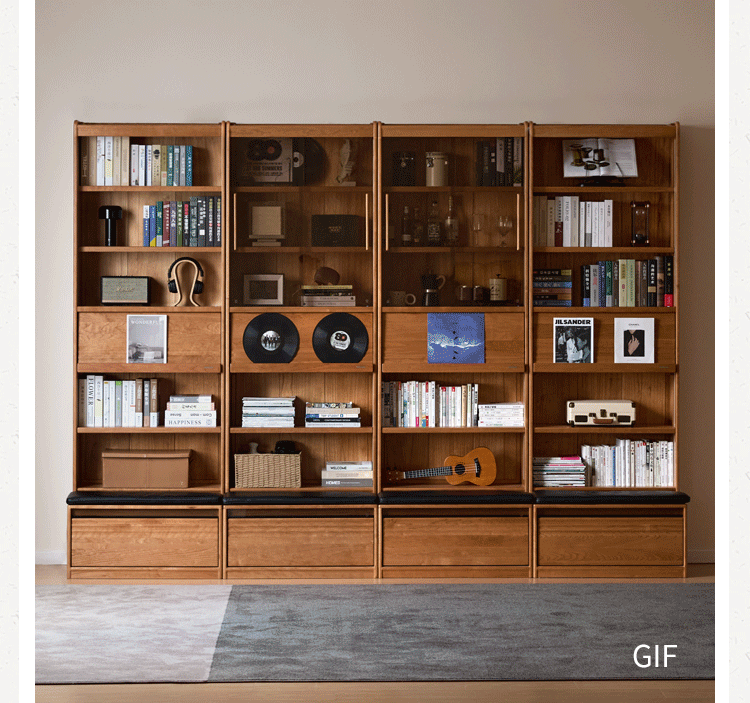 Cherry Solid Wood Bookcase with Wall Integration and Floor Storage Cabinet