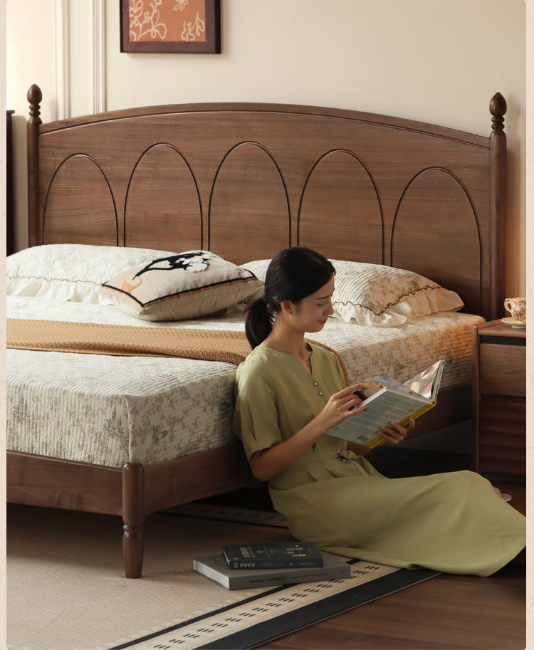 Black Walnut, Poplar Solid Wood Big Bed Retro French