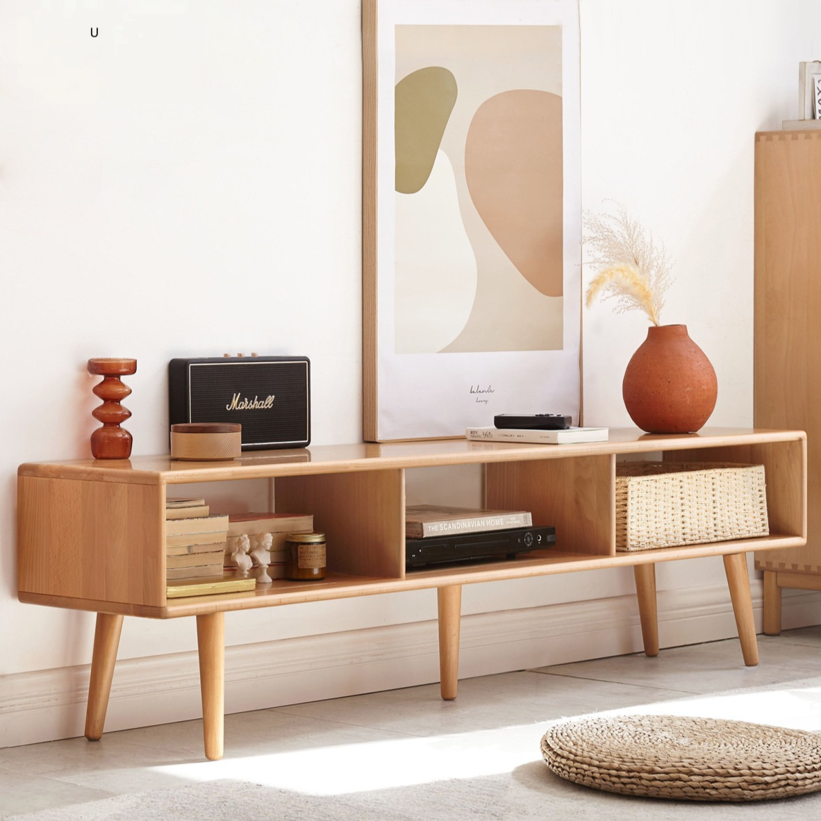 Beech Solid Wood TV Cabinet Open Storage.