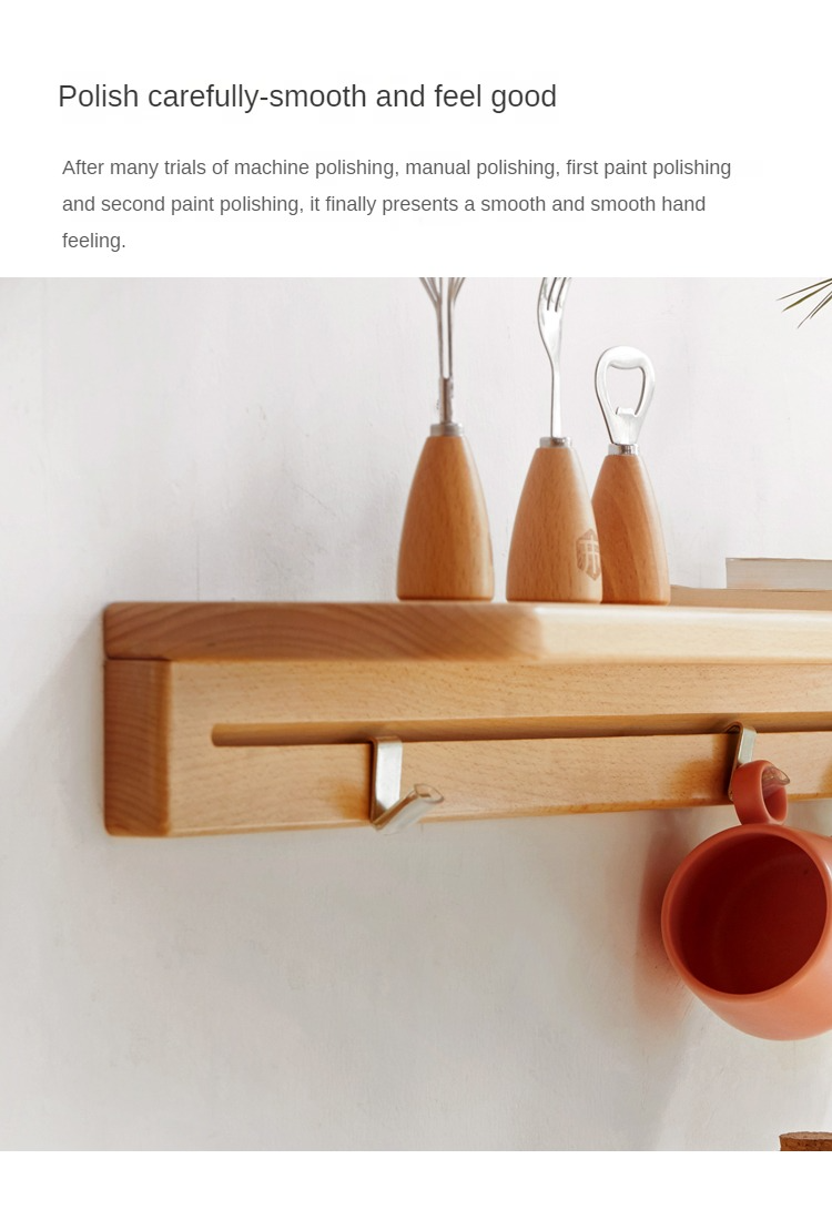 Beech Solid Wood Wall Shelf With Hooks