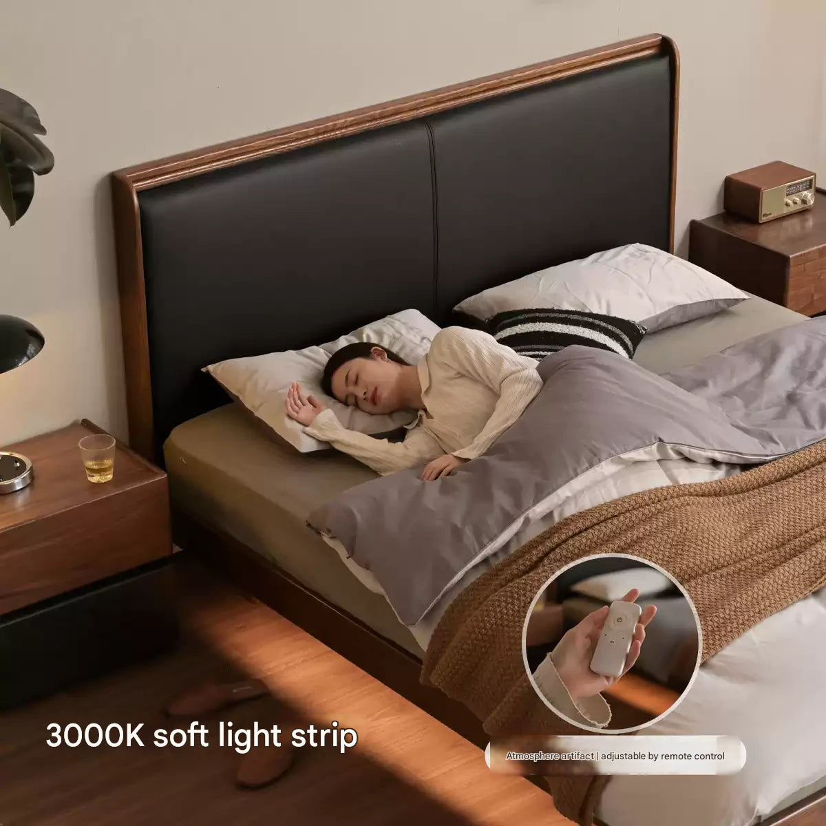 Oak Solid Wood Modern Minimalist Floating Luminous Bed