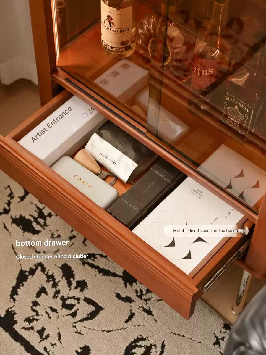 Poplar Solid Wood American Retro Glass Side Cabinet.