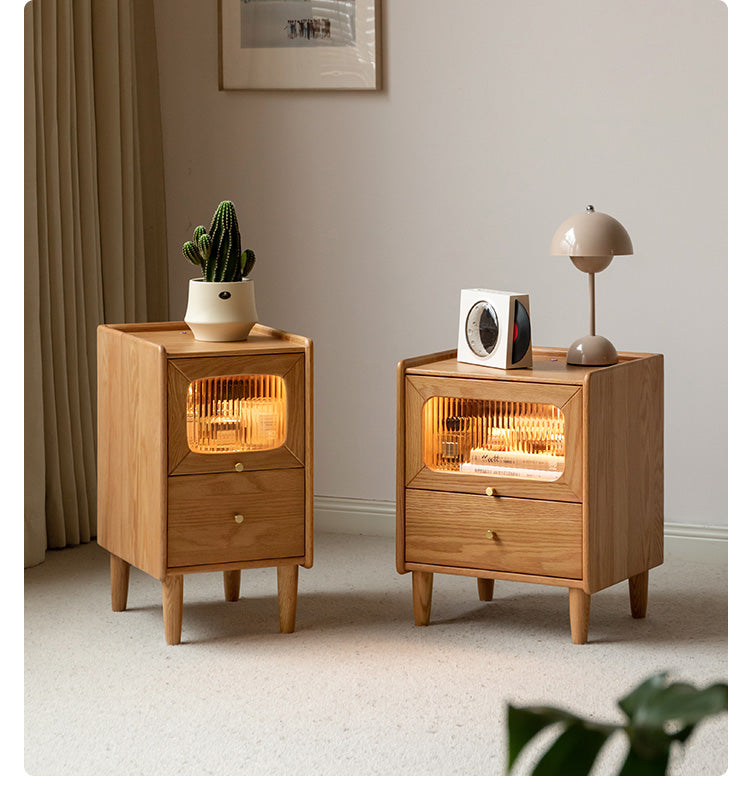 Oak, Beech Solid Wood Nightstand With Light