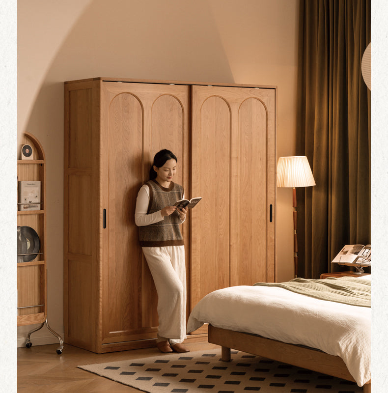 Cherry Solid Wood Retro Sliding Door Wardrobe