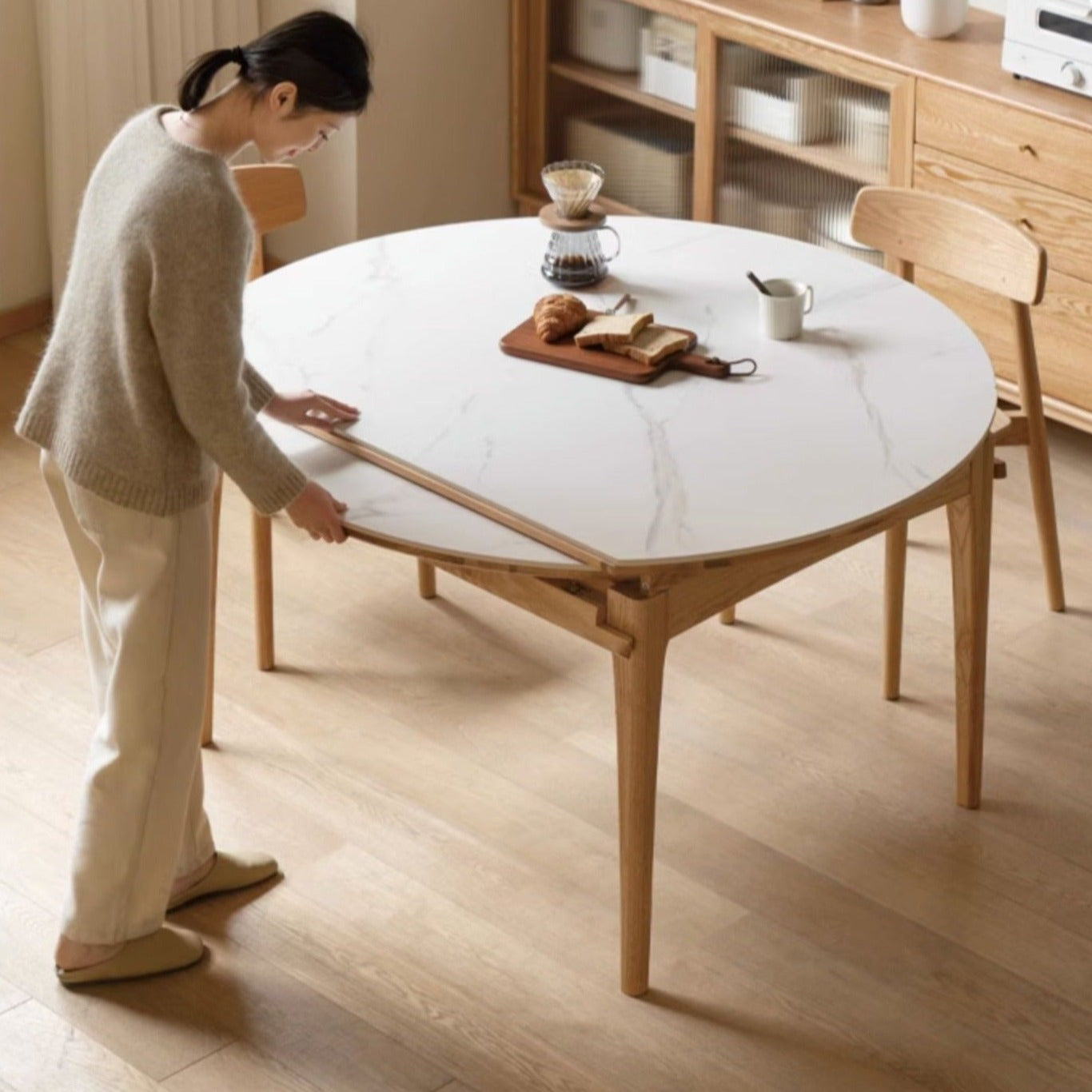Oak Solid Wood Round Folding Dining Table With Rock Slab Surface