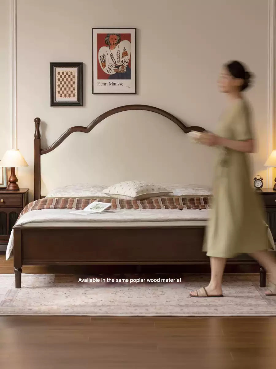 Black Walnut, Poplar Solid Wood Double Bed with Soft Backrest, Retro American Style