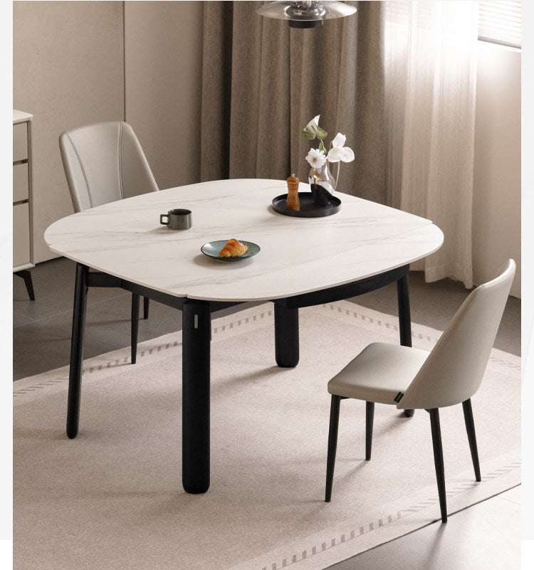 Solid RubberWood Extendable Dining Table with Marble-Look Stone Top and Rounded Corners