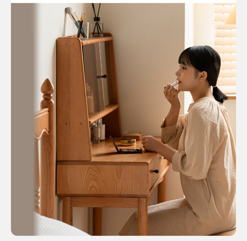 Cherry, Birch Solid Wood Multi-Functional Storage Vanity Table.