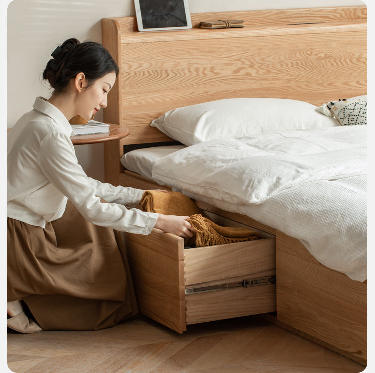 Oak Solid Wood Drawer Storage Bed with Sockets Box Bed