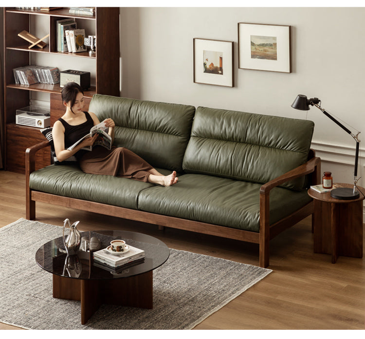 Black Walnut Solid Wood Light Luxury Leather Sofa.