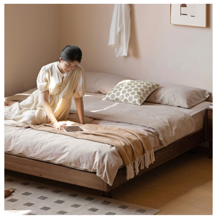 Black walnut solid wood platform bed, headboard-free suspended bed