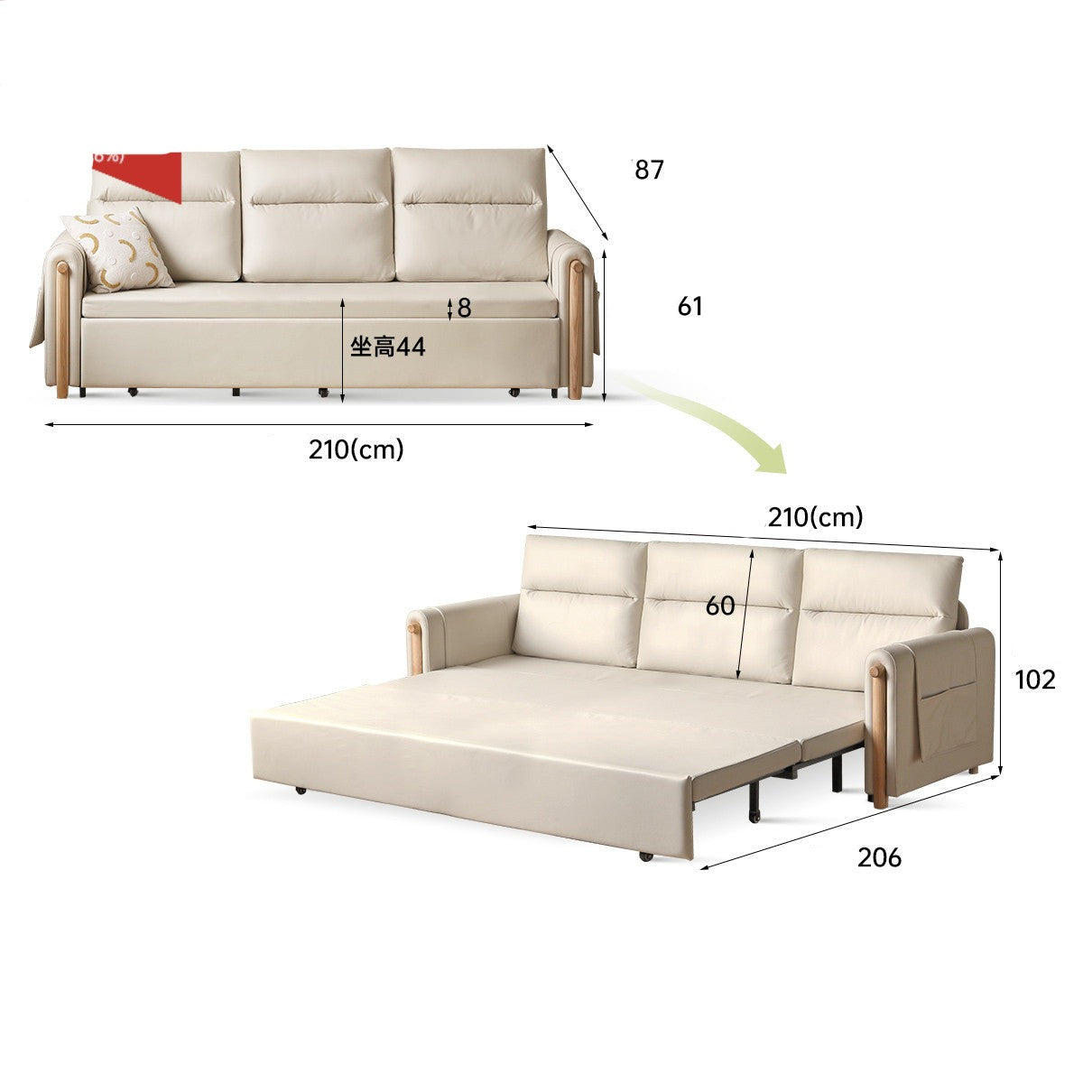 Fabric Sleeper sofa Ash solid wood+