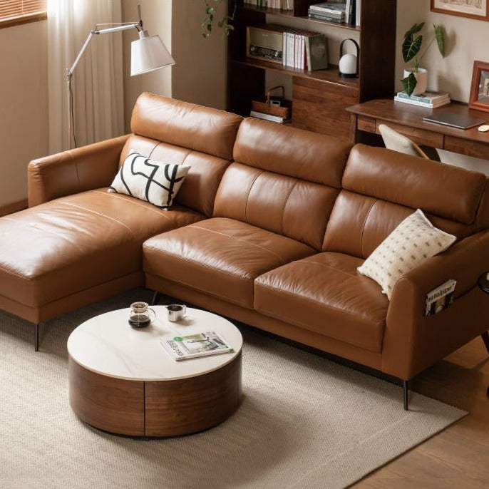 First-layer Yellow Cowhide Leather Sofa Light Luxury Italian Style.