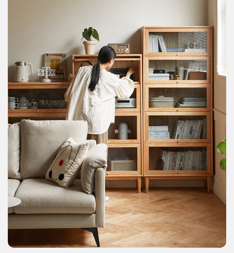 Solid Rubberwood, Oak Solid Wood Multi layer Flip Door Glass Bookcase