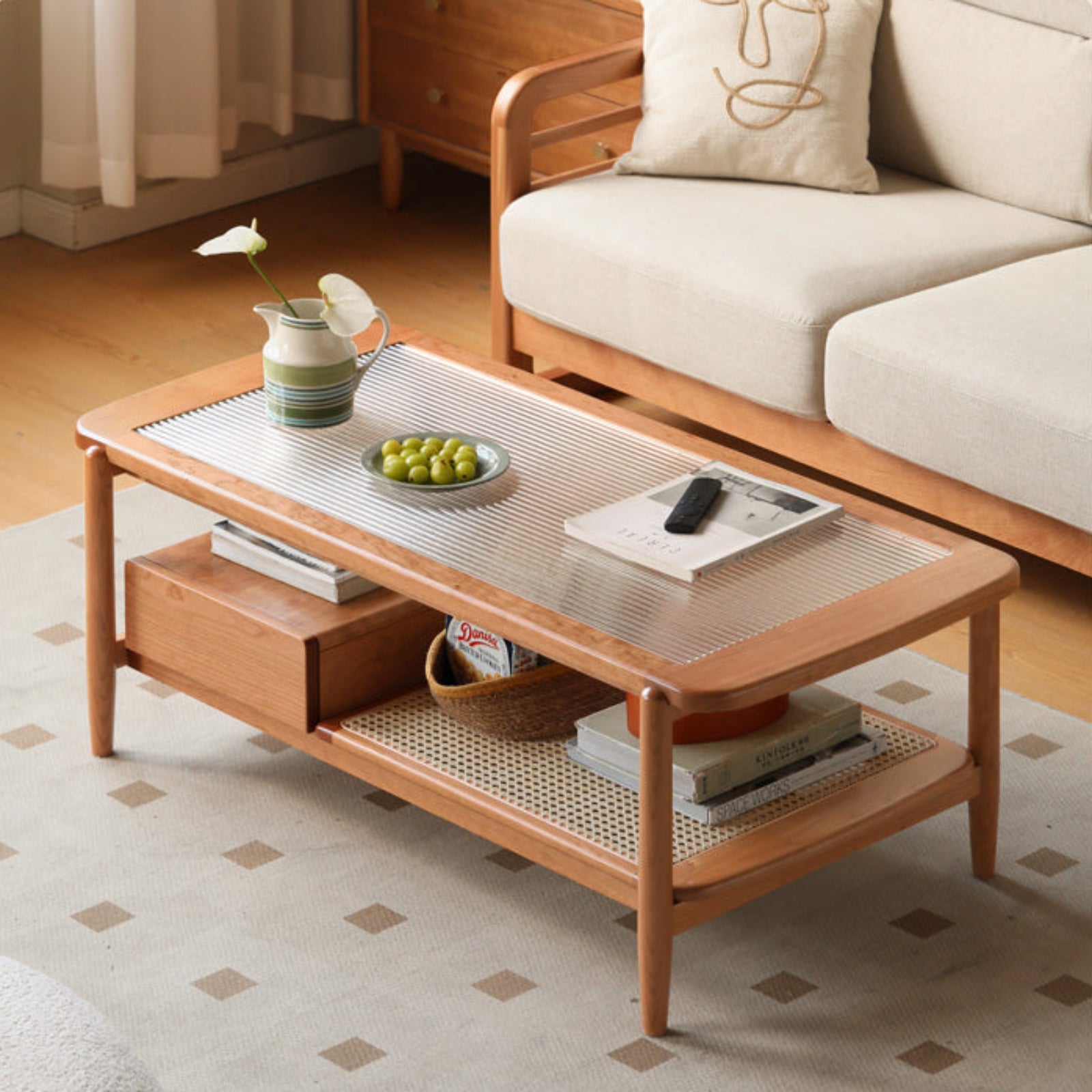 Cherry Solid Wood Coffee Table Glass, Rattan