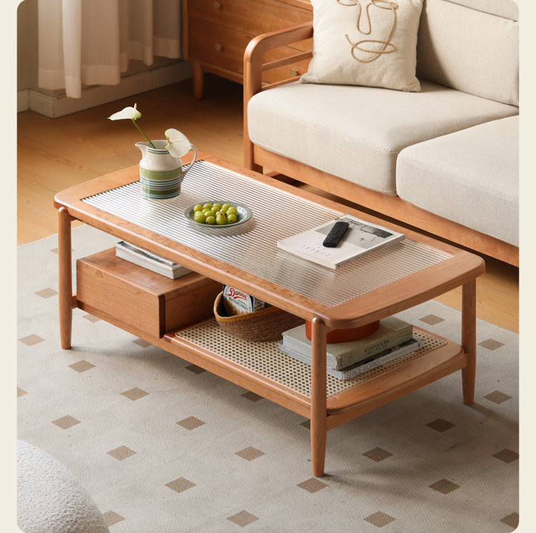 Cherry Solid Wood Coffee Table Glass, Rattan