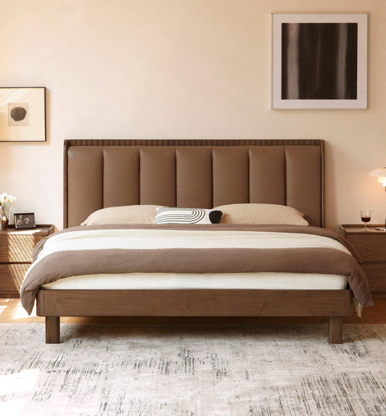 Black Walnut, Golden Sandalwood Solid Wood Genuine Leather Extra Tall Vertical Channel Tufted Platform Bed