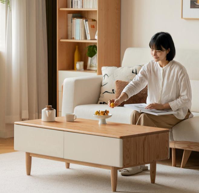 Oak Solid Wood Modern Coffee Table With Drawer