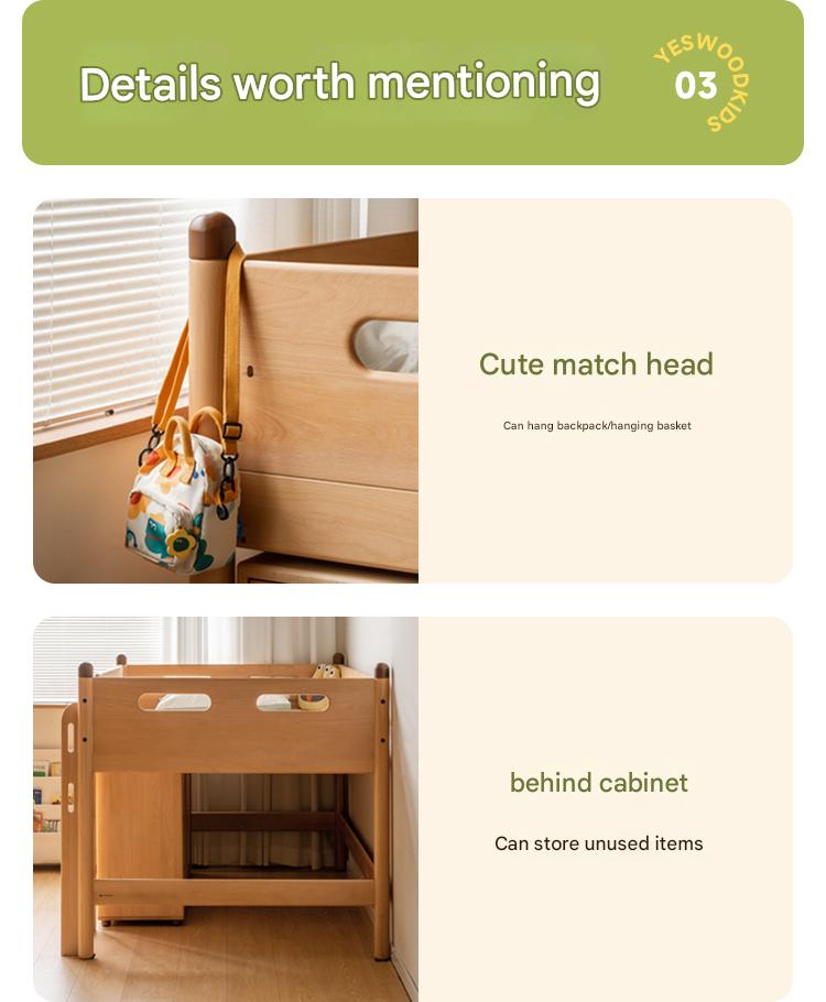 Beech Nordic Children's Solid Wood Loft Bed, Modern Minimalist Multifunctional Combination Bed with Table