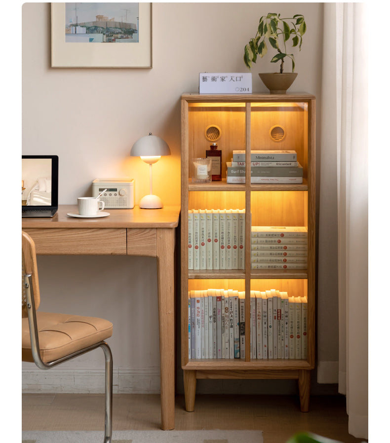 Oak, Rubberwood Solid Wood Glass Storage Bookcase